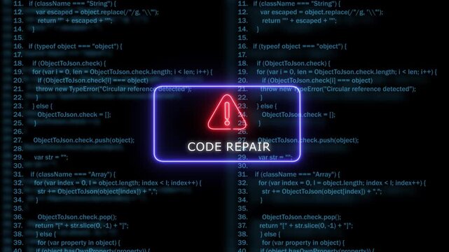Code repair warning sign over digital programming script background, for software development