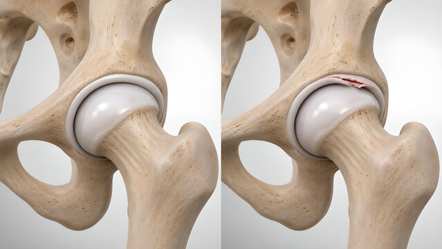 Hip labral tear comparison medical illustration showing normal hip joint versus acetabular labrum flap tear, realistic anatomy cutaway for orthopedic education, radiology, healthcare, patient