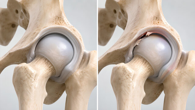 Hip labral tear comparison medical illustration showing normal hip joint versus acetabular labrum flap tear, realistic anatomy cutaway for orthopedic education, radiology, healthcare, patient