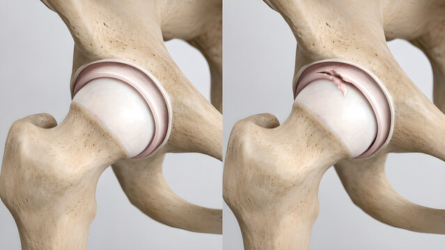 Hip labral tear comparison medical illustration showing normal hip joint versus acetabular labrum flap tear, realistic anatomy cutaway for orthopedic education, radiology, healthcare, patient