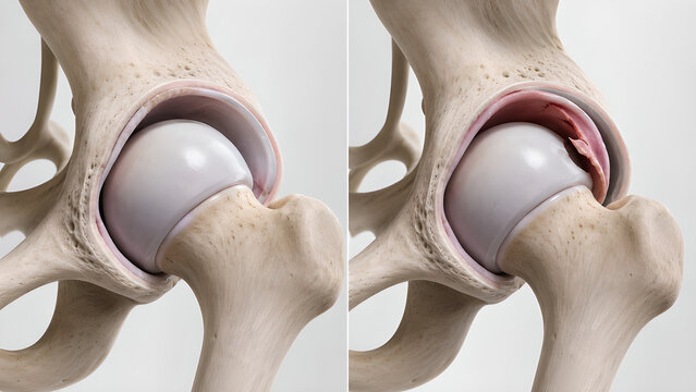 Hip labral tear comparison medical illustration showing normal hip joint versus acetabular labrum flap tear, realistic anatomy cutaway for orthopedic education, radiology, healthcare, patient