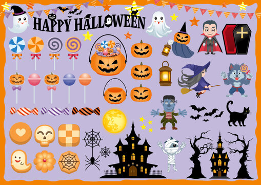 Huge Halloween vector element collection with monster characters, pumpkin bucket, candies, castle silhouettes and spooky decorations