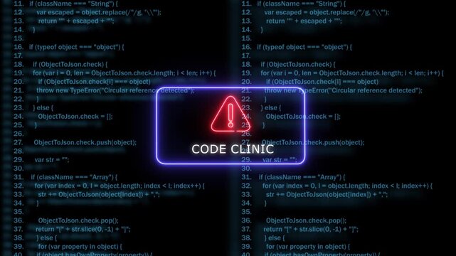 Code clinic programming error concept with neon warning sign and scrolling software source code development