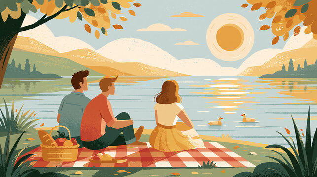 Narrative flat vector illustration, people sitting enjoying the sunny lake view, a few ducks near the shore