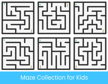 Set of diverse maze and labyrinth puzzles, perfect for educational worksheets, kids' activity books, and brain games.