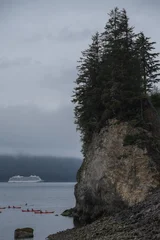 Breathtaking and impressive panoramic scenic view of Icy Strait Point Hoonah, AK coast with lush mountain vegetation and trees during summer Last Frontier cruise with distant mountain range glaciers © Tamme Wichmann