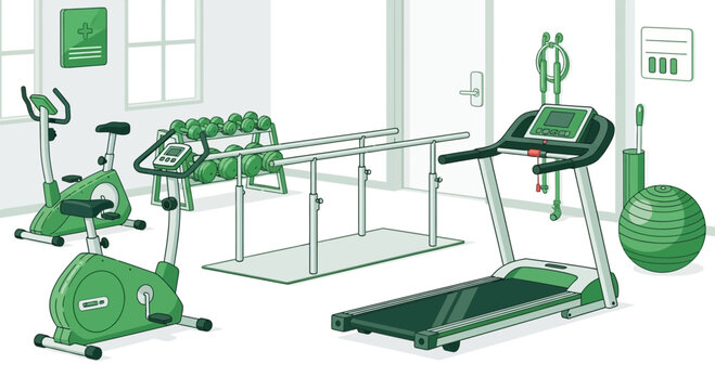 Illustrated Fitness Room in Green Tones Depicting Exercise and Rehabilitation Activities