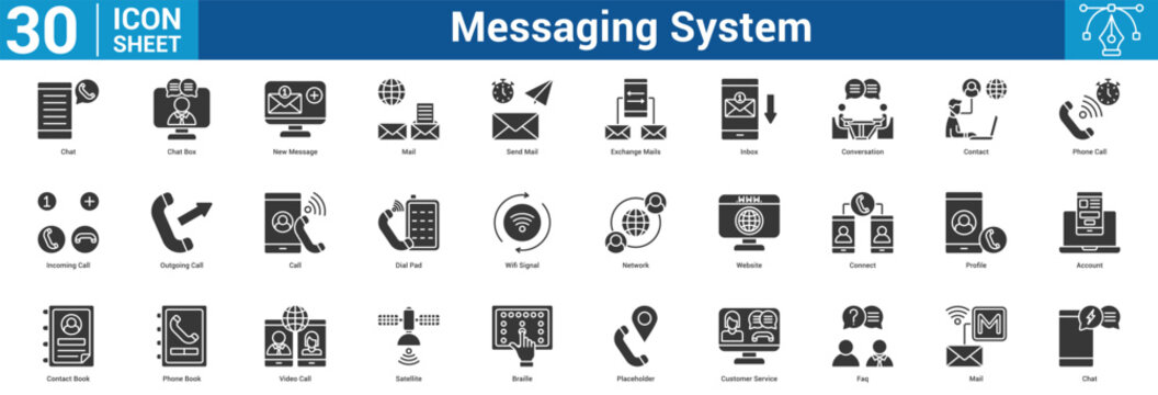 messaging system icon set collection website, connect, profile, account, phonebook, video, and more.