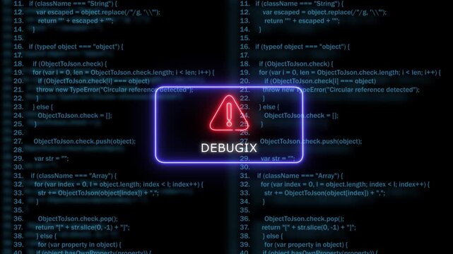 Neon debugging warning sign over scrolling software source code background, programming coding software development