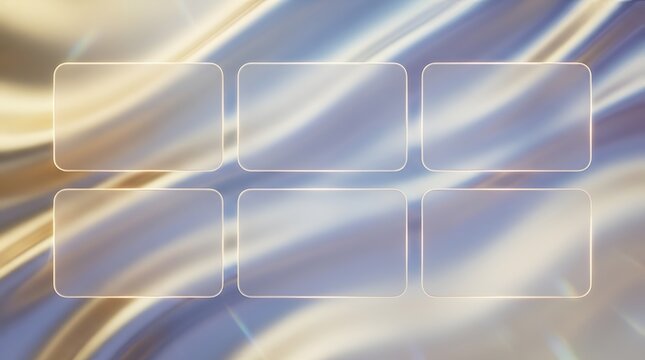 Six transparent glass rounded rectangles arranged in a grid pattern against a flowing liquid gold and blue silk fabric background texture