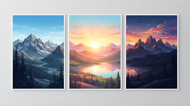 Three vertical landscape featuring snow-capped mountain peaks, pine forests, calm lakes, and vibrant sunrise and sunset skies