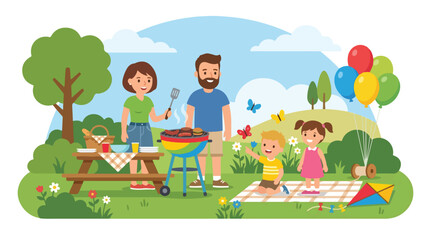 Naklejka premium A happy family enjoys a sunny barbecue picnic in a lush park, with parents grilling food while their children play near balloons and a colorful kite.