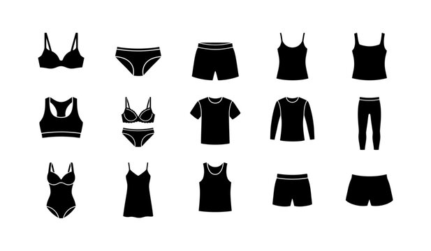 Basic clothing and underwear silhouette icons set including bra panties shorts t-shirt tank top long sleeve shirt leggings bodysuit nightgown sports apparel for retail catalog fashion design.