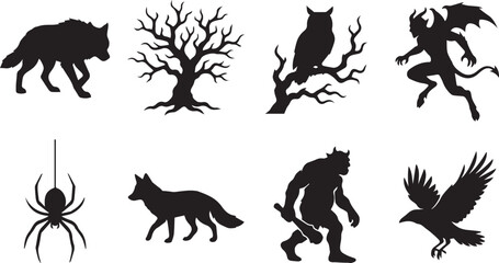 Fototapeta premium Spooky Halloween Forest Animals and Fantasy Monsters Silhouette Vector Set Featuring Wolf Gargoyle Owl and Ogre Icons