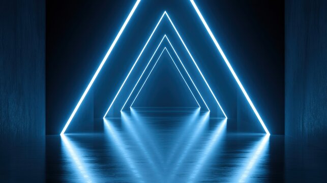 Abstract blue neon triangle tunnel with reflections