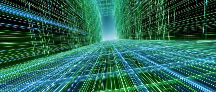 Abstract digital grid tunnel with green and blue lights