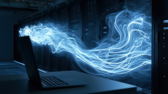 Data flow in server room with laptop