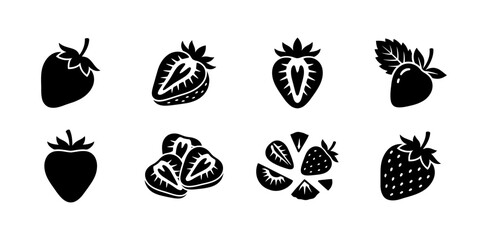 Fresh strawberry icon set featuring whole berries sliced segments halved fruit with leaves berry cluster falling pieces detailed seeds artistic fruit shapes for food packaging and organic menus. © mr.shawn007