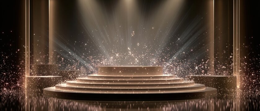Golden stage with spotlight and falling confetti