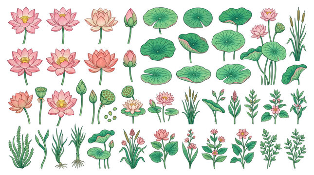 Lotus flower botanical illustration set, pink water lily blossoms and green lily pads, aquatic pond plants collection on white background