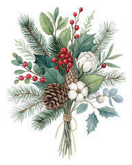 Obraz premium Festive Winter Bouquet: A charming watercolor arrangement of pine branches, holly leaves, red berries, pinecones, and cotton bolls, evoking the spirit of the winter season and holiday cheer.