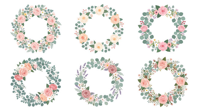Floral wreath collection with 6 watercolor rose frames, elegant botanical eucalyptus borders, pastel pink flower circles for wedding invitations