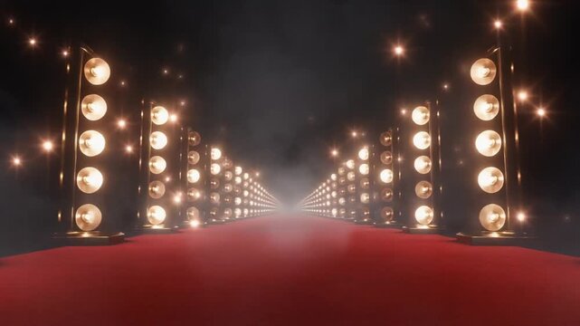 A cinematic tracking shot moves slowly down a luxury red carpet lined with flickering paparazzi camera flashes leading toward a bright venue entrance