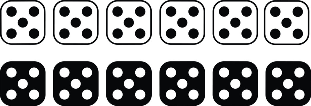 Black and white dice icons set with five dots number five symbol isolated on white background vector illustration design