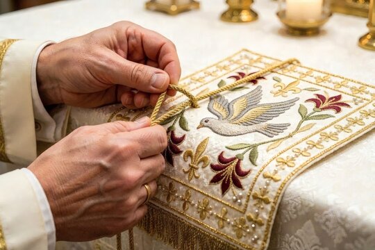 Hands of clergy tying ceremonial cloth with intricate embroidery &mdash; heritage‑rich image that highlights artisanal needlework and sacred symbolism for cultural features and ecclesiastical publications.