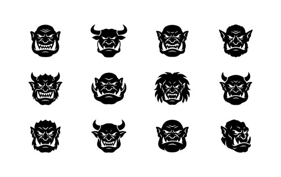 Set of twelve black and white orc head icons designed for gaming avatars or mascot logos representing fantasy warrior creatures with aggressive facial expressions and sharp tusks in flat vector style.