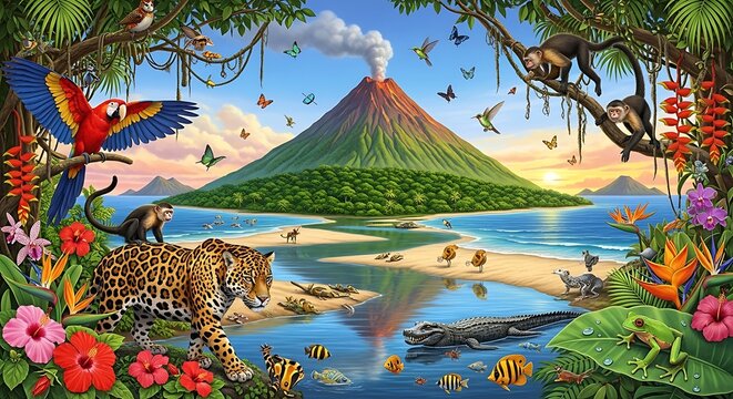 Tropical island paradise with active volcano and exotic wildlife.