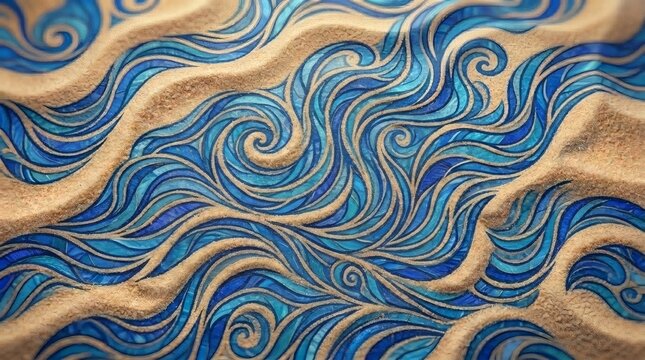 An artistic, flowing mosaic pattern of deep blues, teals, and glass textures mimicking swirling ocean waves embedded directly across textured beach sand ripples.