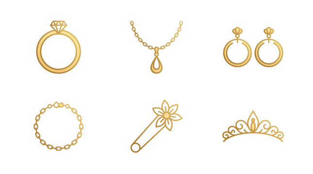 Golden jewelry icon set with diamond ring and necklace, elegant gold fashion accessories collection, luxury bridal tiara and earrings illustrations