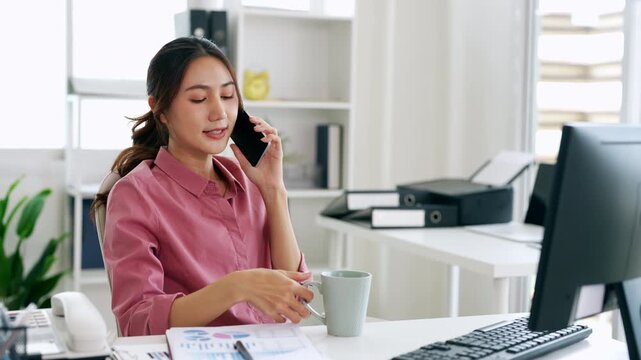 Coffee, phone call and  business woman on business call for communication, advisor and planning.  contact and professional chat , discussion.