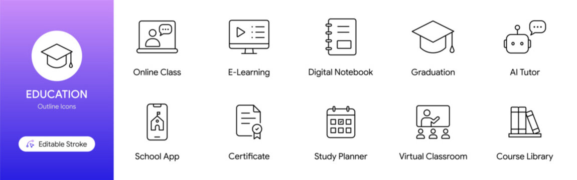 Vector education icons set including online class, e-learning and graduation