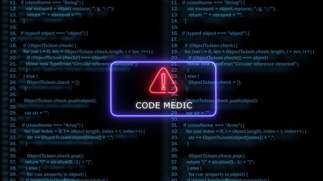 Code medic warning sign over digital programming source code background, coding software development debugging