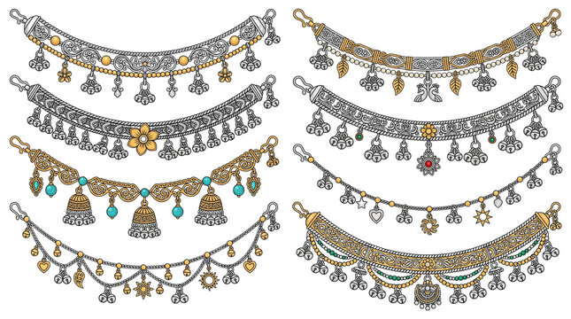Traditional Indian jewelry set with silver and gold anklets, ethnic bridal foot ornaments with bells and turquoise beads, ornate bohemian jewelry collection