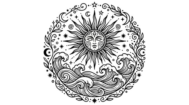 Celestial Sun Face, Moon, Stars, and Ocean Waves Emblem