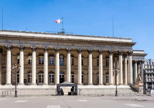 Paris, France - June 17, 2026: West side view of the Palais Brongniart, formerly Palais de la Bourse, built in 1826 to house the Paris stock exchange until 1998, and converted into an events center.