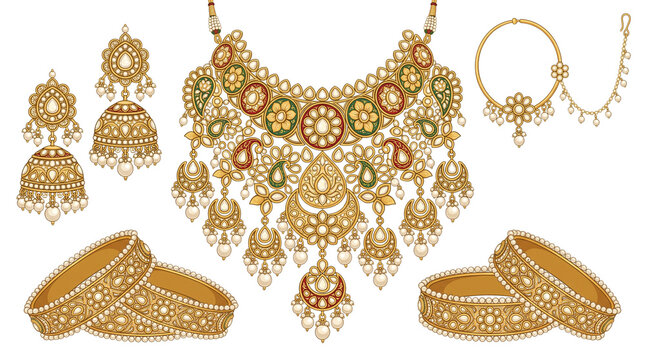 Traditional Indian bridal jewelry set, ornate gold necklace with earrings and bangles, ethnic wedding accessories with pearls and gemstones