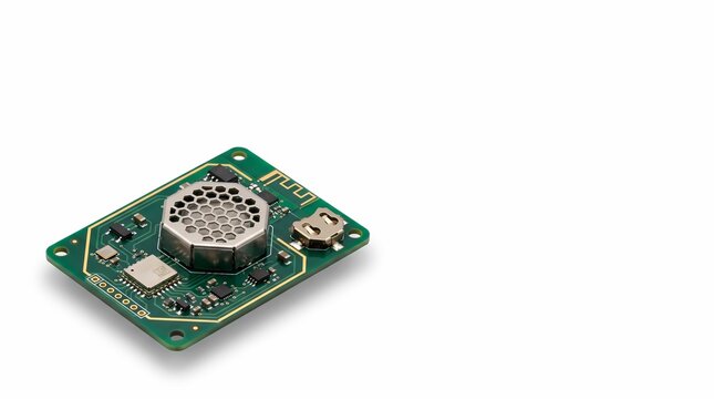 Electronic circuit board with integrated sensor component on white background