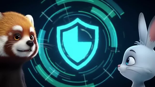 Animated Red Panda and Rabbit Discussing Digital Security with a Shield Icon.