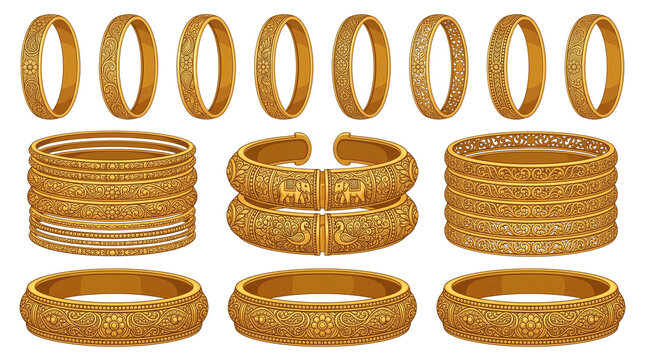 Traditional Indian gold bangles collection, ornate ethnic bridal jewelry set, decorative golden bracelets with intricate filigree patterns on white background