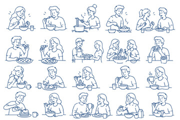 Obraz premium People Enjoying Everyday Hobbies and Leisure Activities Blue Line Illustration Set