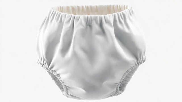 The shows a white diaper featuring elastic around the waist and legs. It appears to be designed for babies or young children. The background is neutral and does not distract from the product.