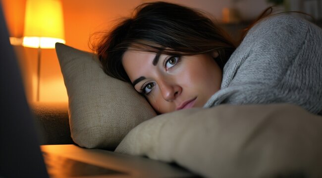 Une jeune femme allong&eacute;e sur un canap&eacute;, pleurant, la t&ecirc;te sur un oreiller, regardant un film sur son ordinateur portable, concept d'&eacute;motion cin&eacute;matographique.
