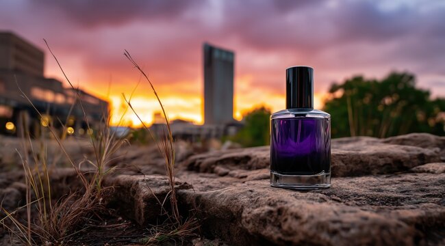 Un flacon de parfum violet avec un bouchon noir, pos&eacute; en &eacute;vidence sur un rocher brun &agrave; la texture rugueuse, arri&egrave;re-plan repr&eacute;sentant un paysage urbain flou avec coucher de soleil.