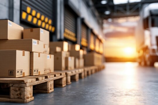 Cardboard boxes stacked on wooden pallets inside a modern warehouse at sunset with dramatic lighting.