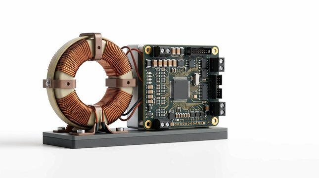 Electronic circuit board with copper coil inductor on a white background studio