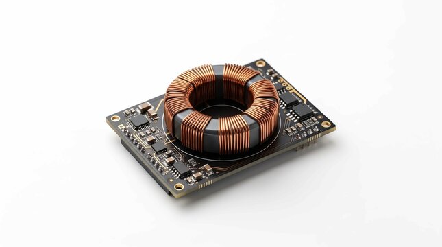 Electronic circuit board with copper inductor coil on a white background studio